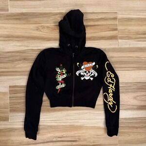 Ed Hardy Love Kills Slowly Black Cropped Zip Up Hoodie Y2K EHW1800-11 Mens S